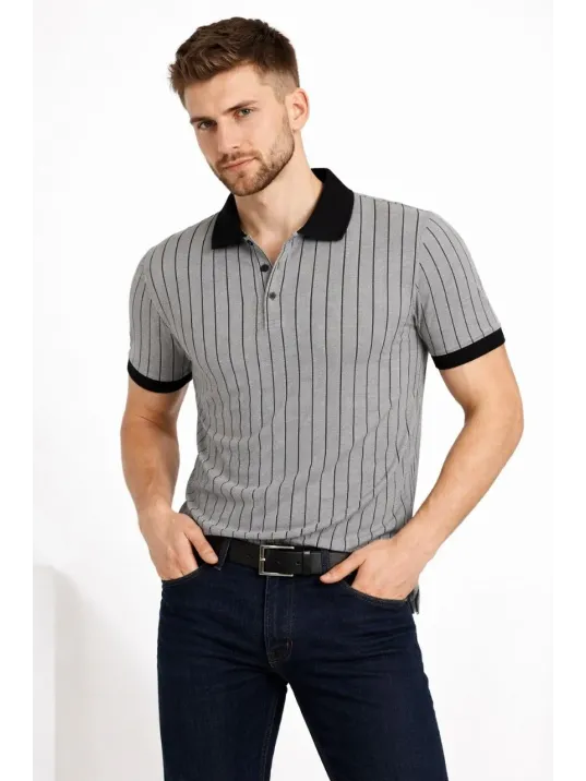 Erkek Polo Yaka Çizgili Tişört Kısa Kol Düğmeli Yazlık T-shirt - Gri