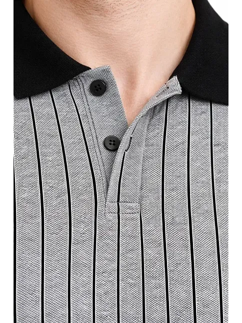 Erkek Polo Yaka Çizgili Tişört Kısa Kol Düğmeli Yazlık T-shirt - Gri