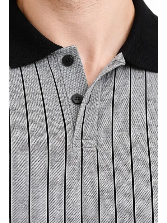 Erkek Polo Yaka Çizgili Tişört Kısa Kol Düğmeli Yazlık T-shirt - Gri