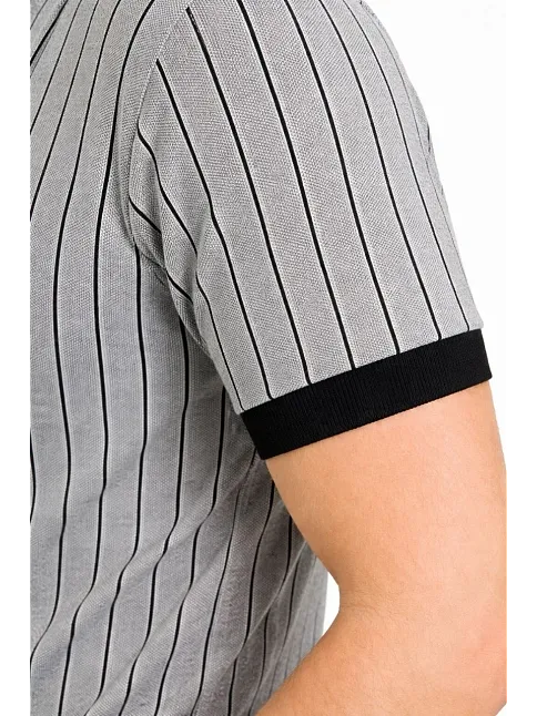 Erkek Polo Yaka Çizgili Tişört Kısa Kol Düğmeli Yazlık T-shirt - Gri