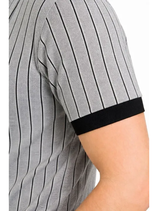 Erkek Polo Yaka Çizgili Tişört Kısa Kol Düğmeli Yazlık T-shirt - Gri