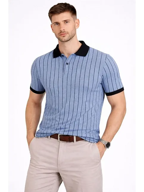 Erkek Polo Yaka Çizgili Tişört Kısa Kol Düğmeli Yazlık T-shirt - Bebek Mavisi