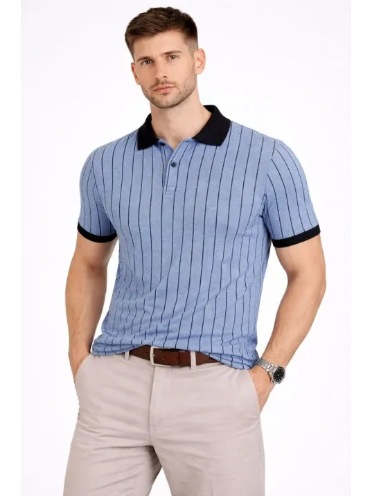 Erkek Polo Yaka Çizgili Tişört Kısa Kol Düğmeli Yazlık T-shirt - Bebek Mavisi