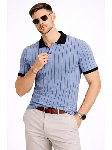 Erkek Polo Yaka Çizgili Tişört Kısa Kol Düğmeli Yazlık T-shirt - Bebek Mavisi