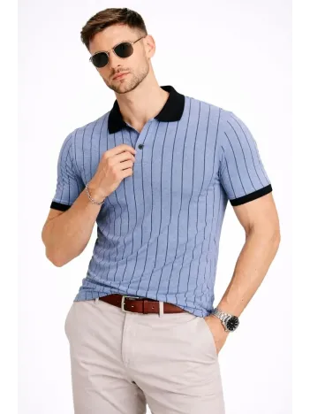 Erkek Polo Yaka Çizgili Tişört Kısa Kol Düğmeli Yazlık T-shirt - Bebek Mavisi