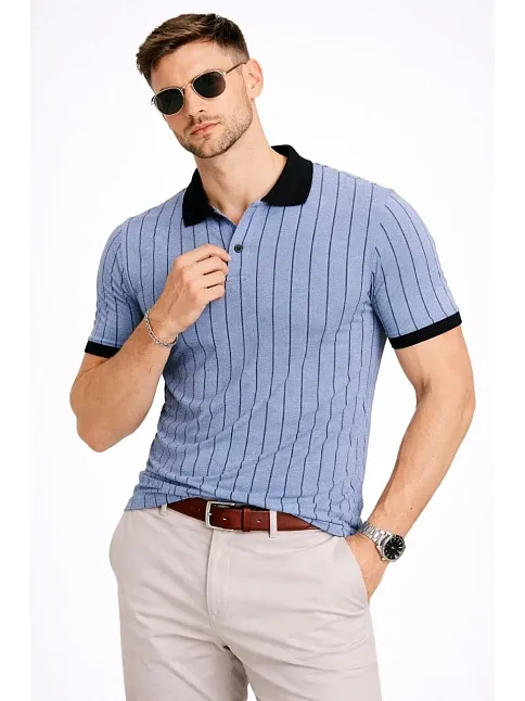 Erkek Polo Yaka Çizgili Tişört Kısa Kol Düğmeli Yazlık T-shirt - Bebek Mavisi