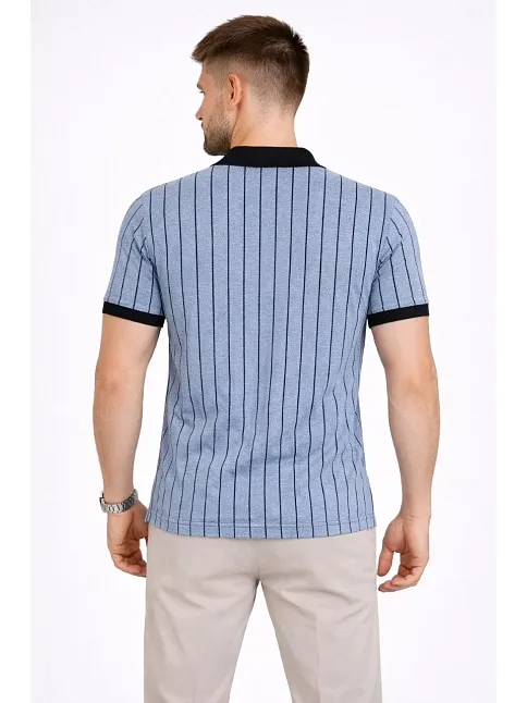 Erkek Polo Yaka Çizgili Tişört Kısa Kol Düğmeli Yazlık T-shirt - Bebek Mavisi