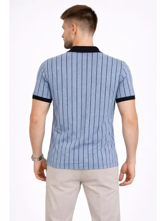 Erkek Polo Yaka Çizgili Tişört Kısa Kol Düğmeli Yazlık T-shirt - Bebek Mavisi