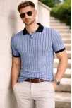 Erkek Polo Yaka Çizgili Tişört Kısa Kol Düğmeli Yazlık T-shirt - Bebek Mavisi