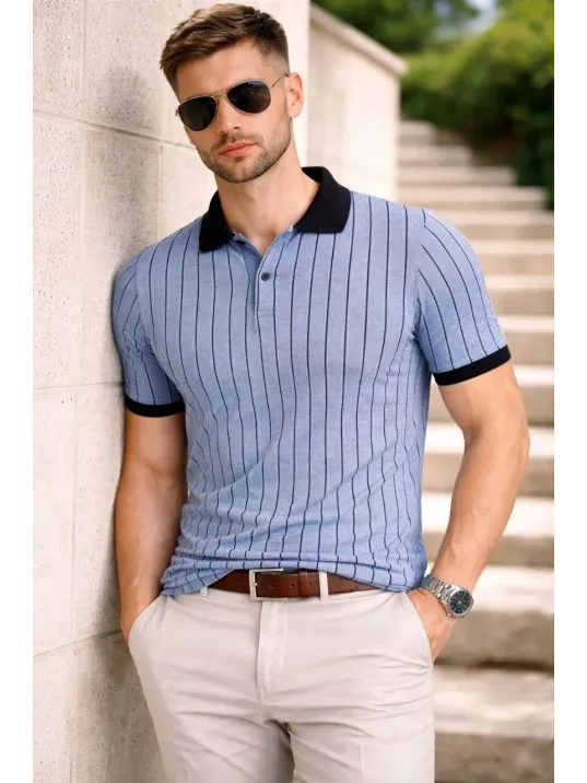 Erkek Polo Yaka Çizgili Tişört Kısa Kol Düğmeli Yazlık T-shirt - Bebek Mavisi
