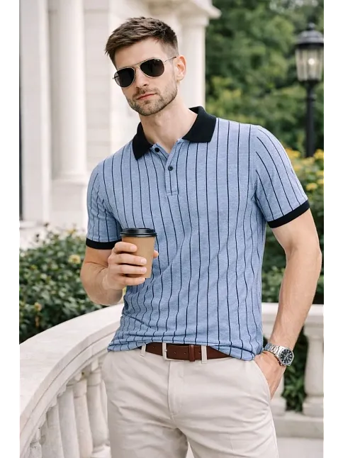 Erkek Polo Yaka Çizgili Tişört Kısa Kol Düğmeli Yazlık T-shirt - Bebek Mavisi