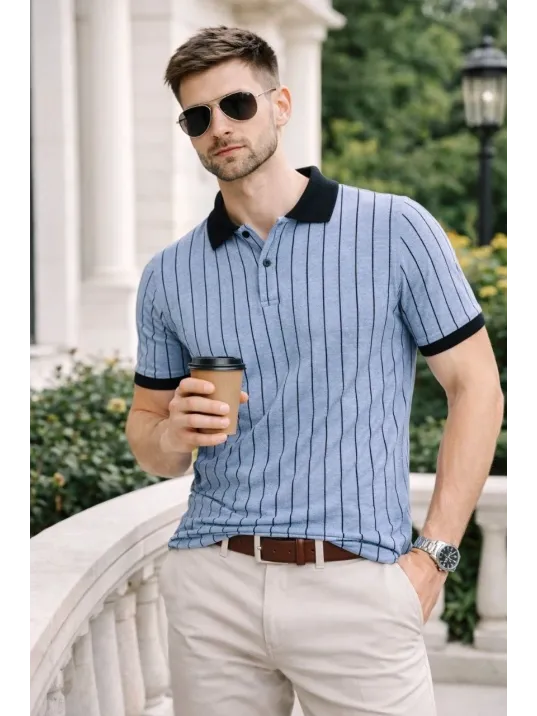 Erkek Polo Yaka Çizgili Tişört Kısa Kol Düğmeli Yazlık T-shirt - Bebek Mavisi