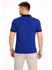Erkek Polo Yaka Çizgili Tişört Kısa Kol Düğmeli Yazlık T-shirt - Saks Mavisi