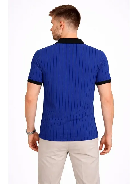 Erkek Polo Yaka Çizgili Tişört Kısa Kol Düğmeli Yazlık T-shirt - Saks Mavisi