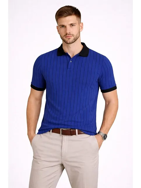 Erkek Polo Yaka Çizgili Tişört Kısa Kol Düğmeli Yazlık T-shirt - Saks Mavisi