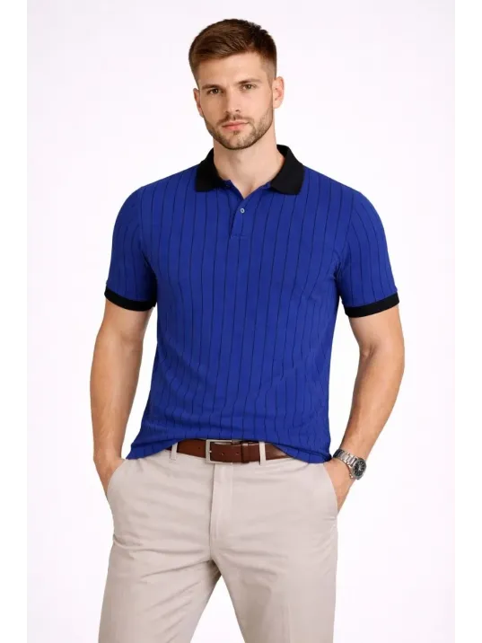 Erkek Polo Yaka Çizgili Tişört Kısa Kol Düğmeli Yazlık T-shirt - Saks Mavisi