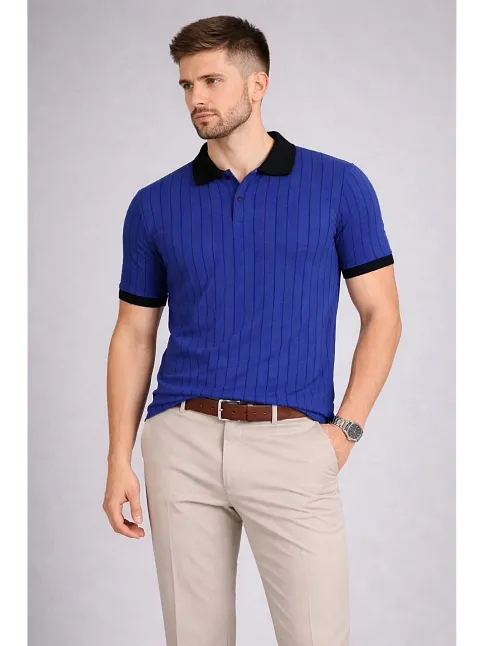 Erkek Polo Yaka Çizgili Tişört Kısa Kol Düğmeli Yazlık T-shirt - Saks Mavisi