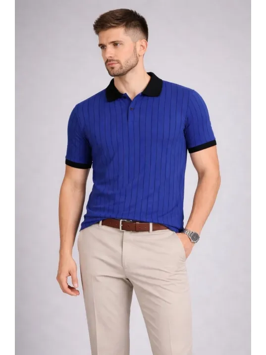 Erkek Polo Yaka Çizgili Tişört Kısa Kol Düğmeli Yazlık T-shirt - Saks Mavisi