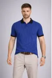 Erkek Polo Yaka Çizgili Tişört Kısa Kol Düğmeli Yazlık T-shirt - Saks Mavisi