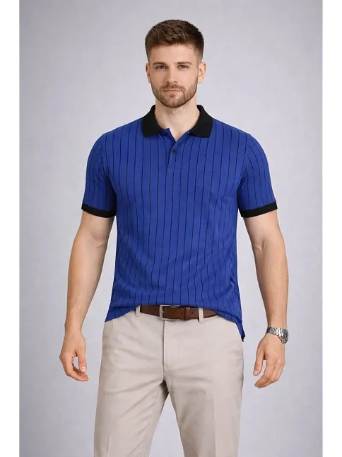 Erkek Polo Yaka Çizgili Tişört Kısa Kol Düğmeli Yazlık T-shirt - Saks Mavisi