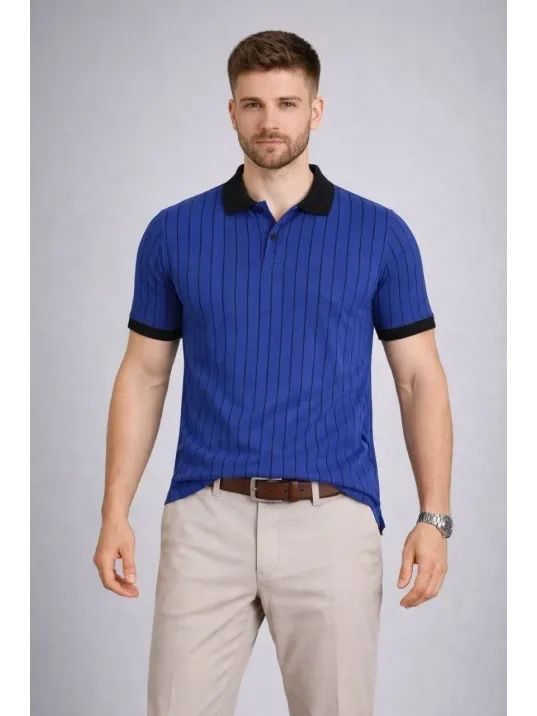 Erkek Polo Yaka Çizgili Tişört Kısa Kol Düğmeli Yazlık T-shirt - Saks Mavisi