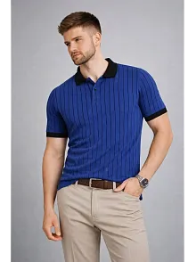 Erkek Polo Yaka Çizgili Tişört Kısa Kol Düğmeli Yazlık T-shirt - Saks Mavisi