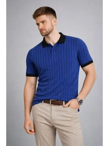 Erkek Polo Yaka Çizgili Tişört Kısa Kol Düğmeli Yazlık T-shirt - Saks Mavisi