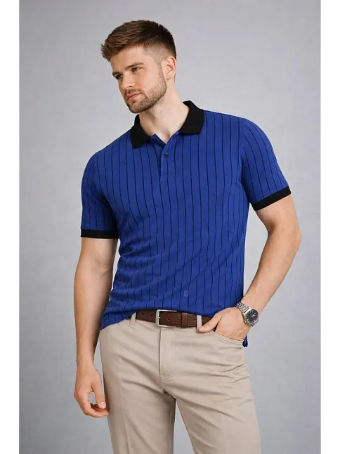 Erkek Polo Yaka Çizgili Tişört Kısa Kol Düğmeli Yazlık T-shirt - Saks Mavisi