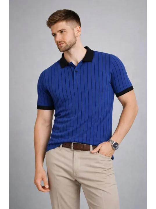Erkek Polo Yaka Çizgili Tişört Kısa Kol Düğmeli Yazlık T-shirt - Saks Mavisi