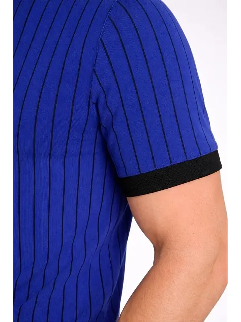 Erkek Polo Yaka Çizgili Tişört Kısa Kol Düğmeli Yazlık T-shirt - Saks Mavisi