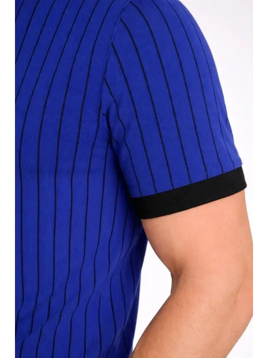 Erkek Polo Yaka Çizgili Tişört Kısa Kol Düğmeli Yazlık T-shirt - Saks Mavisi