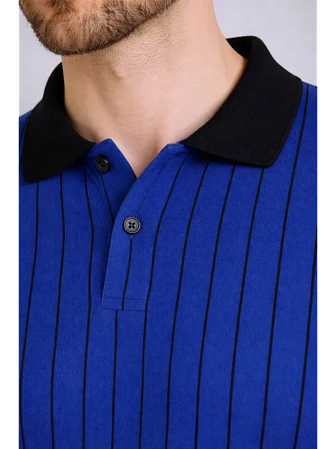 Erkek Polo Yaka Çizgili Tişört Kısa Kol Düğmeli Yazlık T-shirt - Saks Mavisi
