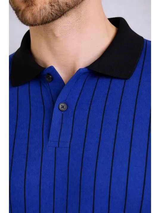 Erkek Polo Yaka Çizgili Tişört Kısa Kol Düğmeli Yazlık T-shirt - Saks Mavisi