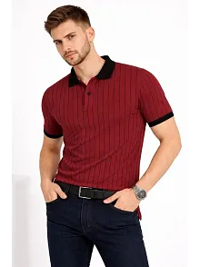 Erkek Polo Yaka Çizgili Tişört Kısa Kol Düğmeli Yazlık T-shirt - Bordo