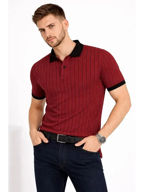 Erkek Polo Yaka Çizgili Tişört Kısa Kol Düğmeli Yazlık T-shirt - Bordo