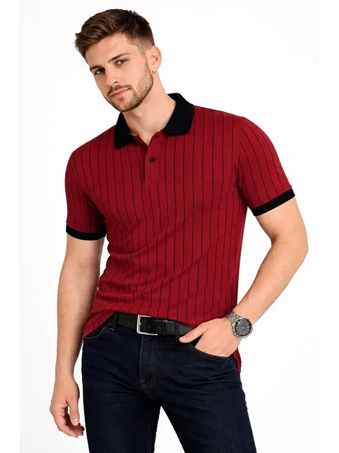 Erkek Polo Yaka Çizgili Tişört Kısa Kol Düğmeli Yazlık T-shirt - Bordo