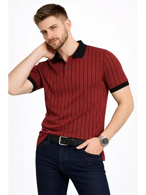 Erkek Polo Yaka Çizgili Tişört Kısa Kol Düğmeli Yazlık T-shirt - Bordo