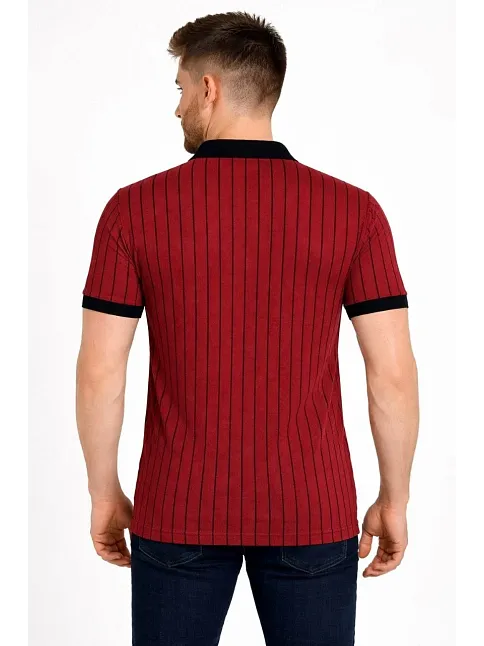 Erkek Polo Yaka Çizgili Tişört Kısa Kol Düğmeli Yazlık T-shirt - Bordo