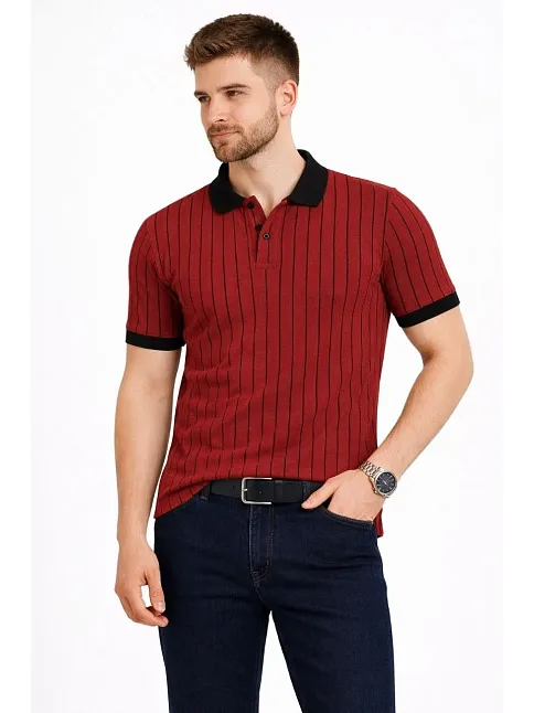 Erkek Polo Yaka Çizgili Tişört Kısa Kol Düğmeli Yazlık T-shirt - Bordo