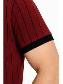 Erkek Polo Yaka Çizgili Tişört Kısa Kol Düğmeli Yazlık T-shirt - Bordo