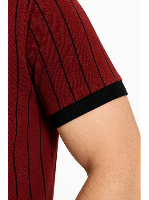 Erkek Polo Yaka Çizgili Tişört Kısa Kol Düğmeli Yazlık T-shirt - Bordo