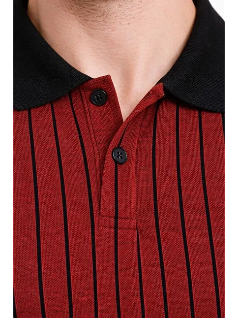 Erkek Polo Yaka Çizgili Tişört Kısa Kol Düğmeli Yazlık T-shirt - Bordo