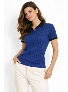 Kadın Polo Yaka Çizgili Tişört Kısa Kol Düğmeli Yazlık T-shirt - Saks Mavisi