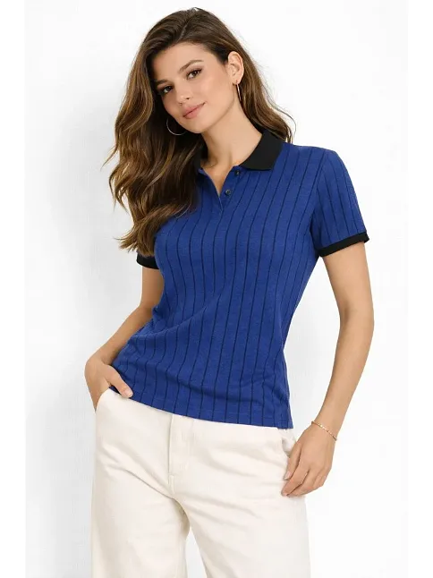 Kadın Polo Yaka Çizgili Tişört Kısa Kol Düğmeli Yazlık T-shirt - Saks Mavisi