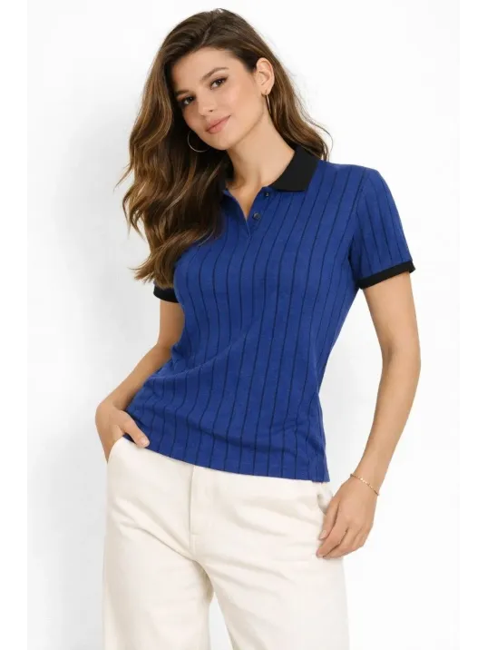 Kadın Polo Yaka Çizgili Tişört Kısa Kol Düğmeli Yazlık T-shirt - Saks Mavisi