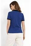 Kadın Polo Yaka Çizgili Tişört Kısa Kol Düğmeli Yazlık T-shirt - Saks Mavisi