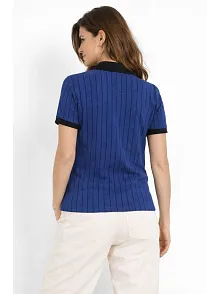 Kadın Polo Yaka Çizgili Tişört Kısa Kol Düğmeli Yazlık T-shirt - Saks Mavisi