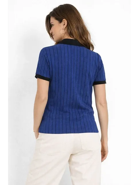 Kadın Polo Yaka Çizgili Tişört Kısa Kol Düğmeli Yazlık T-shirt - Saks Mavisi