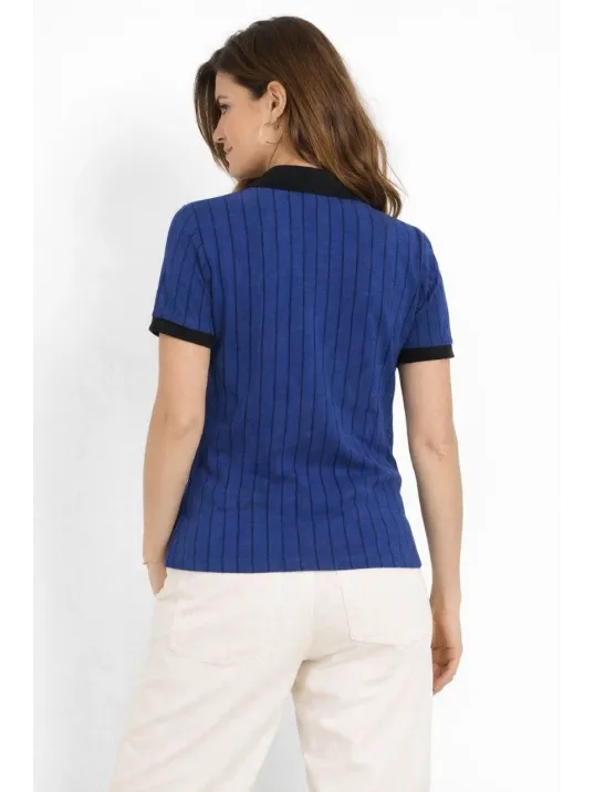 Kadın Polo Yaka Çizgili Tişört Kısa Kol Düğmeli Yazlık T-shirt - Saks Mavisi