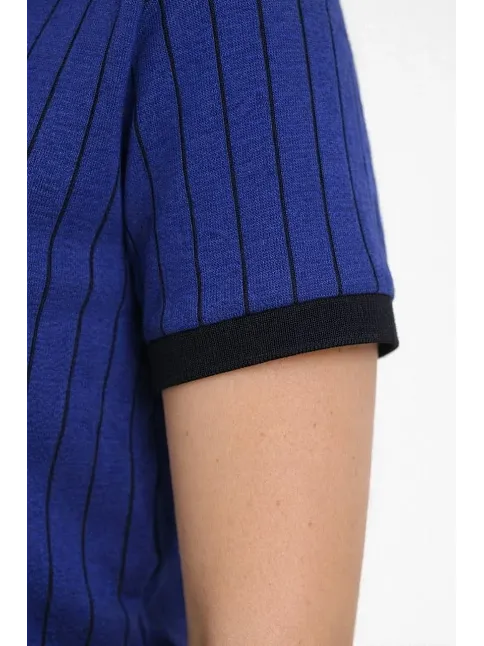 Kadın Polo Yaka Çizgili Tişört Kısa Kol Düğmeli Yazlık T-shirt - Saks Mavisi
